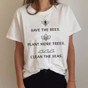 Веганская футболка Save Bees Harajuku, женская футболка Ullzang, футболка с графическим принтом в стиле 90-х в корейском стиле L белый