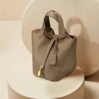 Vegetable Basket Bucket Bag Fancy Hand Carrying Soft Cowhide Elephant gray large/head layer cowhide/Gold Buckle