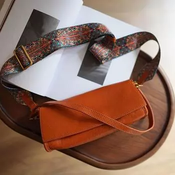 Vegetable Tanning Leather Fashionable Retro Ethnic Style Wide Shoulder Strap Small Square Bag Genuine Leather Easiest for Match Shoulder Messenger Bag Brown yellow