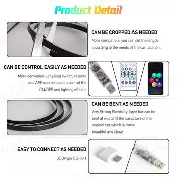 Vegetting 140 см Автомобильная подсветка LED Интерьер RGB Симфония Атмосферная лампа USB APP Управление Пульт дистанционного управления для Tesla Model 3 YSX