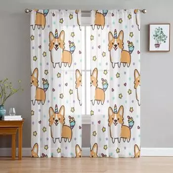 Вельш-корги в костюме единорога с рогом, красочный хвост, прозрачные шторы для гостиной, тюлевые занавески для окон, спальни, кухни, шторы 135W x 114H(cm)