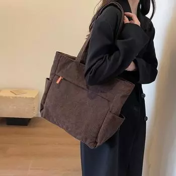 Вельветовая большая сумка в стиле ретро, сумка через плечо большой вместимости, школьная сумка в стиле опрятный с несколькими карманами