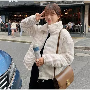 Вельветовая хлопковая куртка для женщин, толстое свободное пальто, короткая однотонная верхняя одежда с длинными рукавами и воротником-стойкой, зимняя хлопковая одежда S бежевый