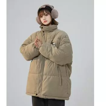 Вельветовая хлопковая куртка, женская зимняя куртка, корейское повседневное свободное пальто с воротником-стойкой, винтажная теплая верхняя одежда S верблюд