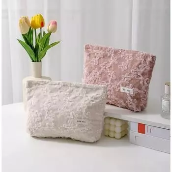 Вельветовая кружевная трехмерная вышитая косметичка Женская косметичка Женская косметичка Клатч Косметичка Чехол Дорожный органайзер белый