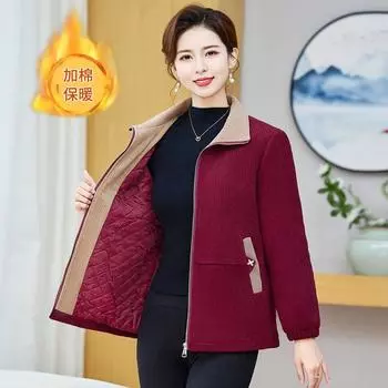 Вельветовая куртка для мамы на осень и зиму, утолщенная, для среднего и пожилого возраста, бейсбольная майка, новый иностранный стиль, свободная куртка большого размера XL (recommended 90-55 kg) бордовый