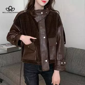 Вельветовая куртка из искусственной кожи, женская осенне-зимняя трендовая утепленная короткая мотоциклетная кожаная куртка в корейском стиле S чёрный