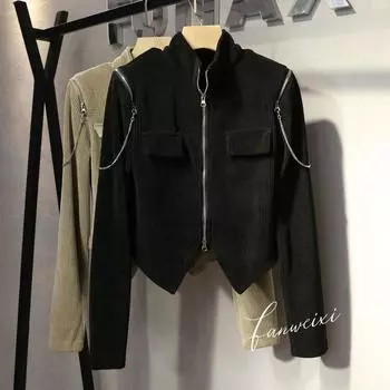 Вельветовая куртка женская осень 2024 новый дизайн sense chic молния разрез воротник стойка короткий маленький топ S within 50 kg хаки
