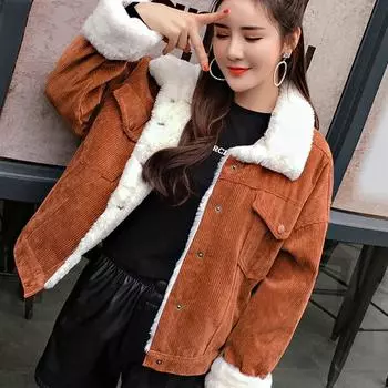 Вельветовая милая верхняя одежда, зимние толстые пальто на подкладке из искусственного меха, парки, женские однотонные куртки-бомберы для девочек XL темные хаки