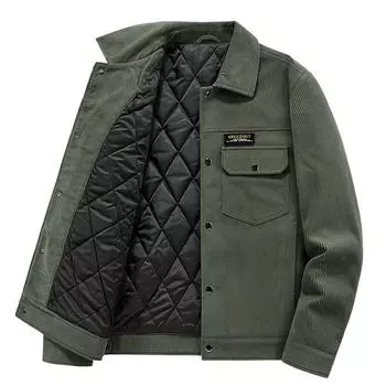 Вельветовая мужская куртка, утепленная флисовая куртка, повседневный топ с лацканами с несколькими карманами M хаки