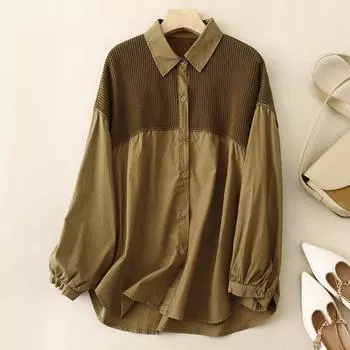 Вельветовая рубашка с длинными рукавами в стиле пэчворк, осенняя свободная однотонная блузка с лацканами, женский топ M чёрный