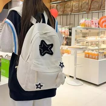 Вельветовая школьная сумка женская большая вместимость рюкзак Star студенческий легкий рюкзак бежевый