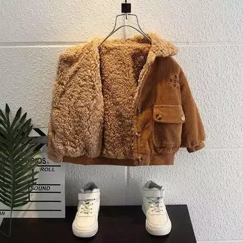 Вельветовая шуба для мальчиков, зимняя куртка с отворотом, плюшевая теплая верхняя одежда, детская мода, утепленные куртки для мальчиков 120cm зелёный