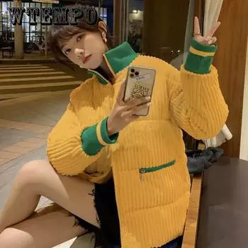 Вельветовая строчка контрастного цвета, вязаная вышивка, пуховик, женская толстая теплая куртка для хлеба, модная трендовая куртка XL