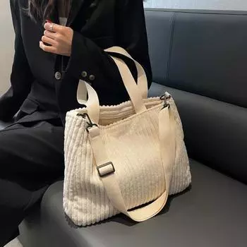 Вельветовая сумка через плечо большой емкости, новая осенняя корейская версия, сумка-тоут для отдыха, однотонная, маленькая, с текстурой толпы, сумка через плечо белый