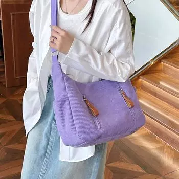 Вельветовая сумка через плечо женская большая вместительная однотонная сумка-пельмень сумка через плечо чёрный