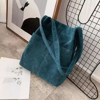 Вельветовая сумка-тоут, сумка через плечо, повседневные сумки в стиле ретро с внутренним карманом для школьной работы, пляжных путешествий и покупок синий