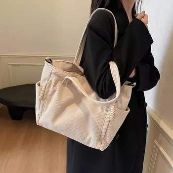 Вельветовая сумка-тоут женская сумка через плечо для поездок на работу большая вместимость студенческая сумка через плечо чёрный