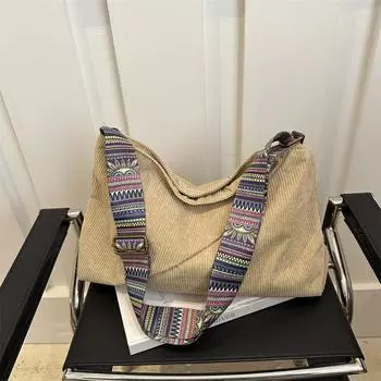 Вельветовая сумка, женская студенческая сумка для поездок на работу, широкий плечевой ремень, модная вместительная сумка-тоут на одно плечо. коричневый