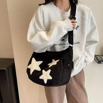 Вельветовая сумка Женская сумка через плечо подмышками Большая вместительная сумка-тоут чёрный