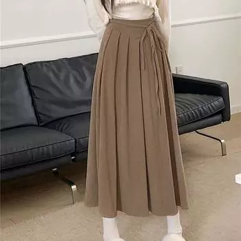 Вельветовая юбка на шнуровке Женская Весна Осень Новая С высокой талией Однотонная Миди Длинная Юбка-зонт S хаки