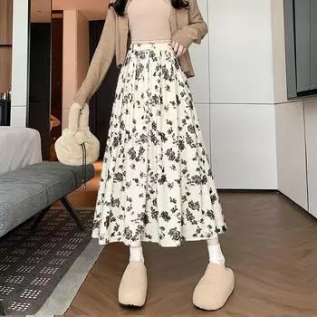 Вельветовая юбка с высокой талией и милым цветочным принтом. Новая осенняя нежная плиссированная юбка-зонтик средней длины QT2458 one size белый