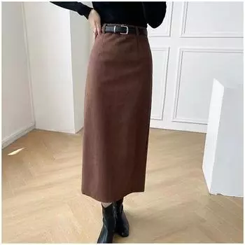 Вельветовая юбка средней длины с разрезом на спине, женская осенне-зимняя прямая юбка-труба с высокой талией XL чёрный