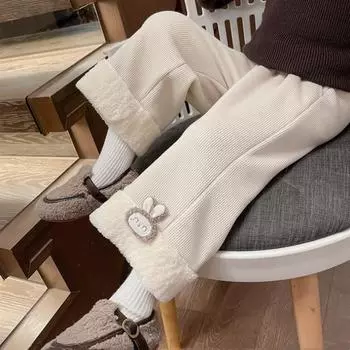 Вельветовые брюки для девочек, флисовые детские широкие брюки, зимние утепленные милые детские брюки для девочек, теплые прямые брюки 90 бежевый