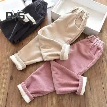 Вельветовые брюки для девочек, осень-зима, теплые толстые флисовые однотонные свободные брюки с эластичной резинкой на талии и карманами, повседневные детские брюки до щиколотки для малышей 140cm чёрный