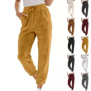 Вельветовые брюки для женщин, повседневные, эластичные, с высокой талией, прямые брюки, свободные, удобные брюки с карманами, укороченные брюки L бежевый