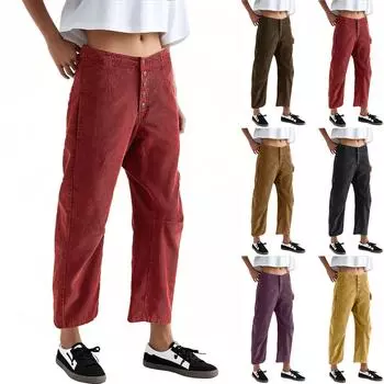 Вельветовые брюки для женщин, повседневные, с эластичной талией, прямые брюки, свободные, удобные брюки с карманами L чёрный