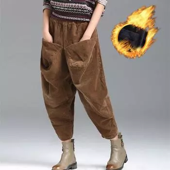 Вельветовые брюки-харен с бархатными карманами для женской коллекции осень-зима, плотные широкие свободные и узкие повседневные брюки XXL