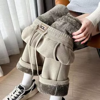 Вельветовые брюки на шнурке, женские модные однотонные прямые брюки с высокой талией, повседневные, удобные свободные брюки, осень-зима M чёрный