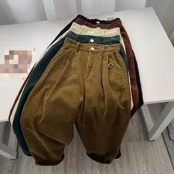 Вельветовые брюки с высокой талией в стиле ретро, женские весенне-осенние прямые повседневные брюки полной длины, корейские модные мешковатые универсальные черные брюки S чёрный