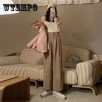 Вельветовые брюки с высокой талией, женские тонкие свободные и тонкие прямые повседневные брюки в стиле ретро с широкими штанинами XXL