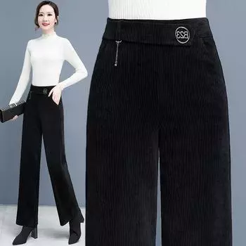 Вельветовые брюки широкие женские Осень Зима Новые Модные С высокой талией Драпированные Повседневные Брюки Свободные Прямые Брюки M