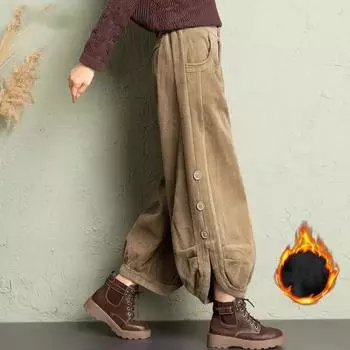 Вельветовые брюки широкого кроя женские большие бархатные с высокой талией девять точек осенне-зимние свободные облегающие шаровары большого размера XS кофейный