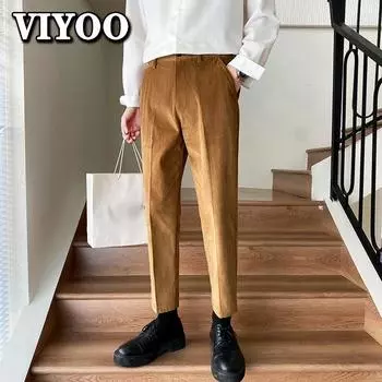 Вельветовые мужские повседневные брюки на весну и осень, деловые укороченные прямые брюки, официальные костюмы, офисные рабочие брюки для мужчин