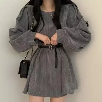 Вельветовые платья с поясом, женские, корейские, элегантные, с рукавами-фонариками, повседневные, А-силуэт, мини-платье, Harajuku, элегантное, универсальное, однотонное платье S серый