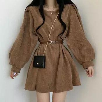 Вельветовые платья с поясом, женские, корейские, элегантные, с рукавами-фонариками, повседневные, А-силуэт, мини-платье, Harajuku, элегантное, универсальное, однотонное платье S чёрный