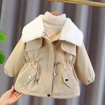 Вельветовые плюшевые теплые детские ветровки с отворотами, куртки для девочек, зимнее пальто для детей, милая верхняя одежда, одежда для малышей, новинка 2024 года 2T 90CM розовый
