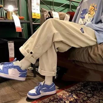 Вельветовые повседневные брюки для мужчин, весна и осень, однотонные свободные брюки в гонконгском стиле, прямые широкие брюки, большие размеры 3XL 2XL бежевый