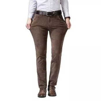 Вельветовые прямые тонкие эластичные полосатые повседневные деловые универсальные длинные брюки больших размеров 27 кофейный