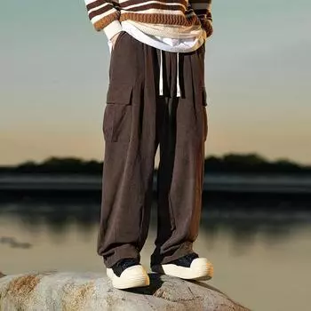 Вельветовые ретро-рабочие брюки со складками и большими карманами — свободный крой, прямые штанины для осени и зимы L чёрный