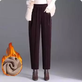 Вельветовые шаровары женские осенне-зимние универсальные с высокой талией плюс бархатные толстые повседневные брюки для мам теплые прямые брюки XXXL чёрный