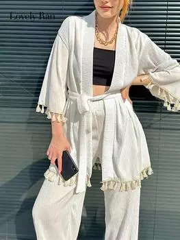 Вельветовые широкие брюки с бахромой, осенние свободные однотонные костюмы на шнуровке, повседневный элегантный костюм с открытой строчкой, уличная блузка с высокой талией, комплект S белый