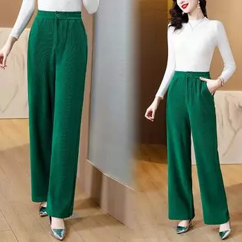 Вельветовые широкие брюки с высокой талией для женщин, повседневные свободные прямые брюки L зелёный