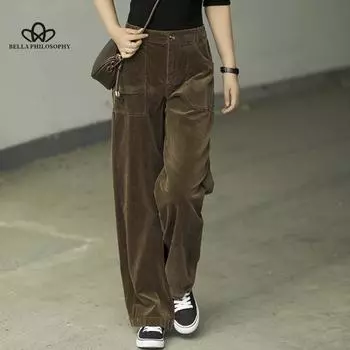 Вельветовые широкие брюки, женские новые зимние тонкие прямые длинные брюки с высокой талией и свободной драпировкой S коричневый