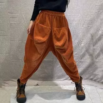 Вельветовые свободные шаровары женские осенние женские брюки с высокой талией повседневные женские брюки с карманами на осень S оранжевый