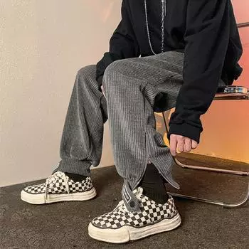 Вельветовые теплые брюки, мужские осенне-зимние трендовые свободные толстые повседневные винтажные уличные брюки с застежкой-липучкой M чёрный